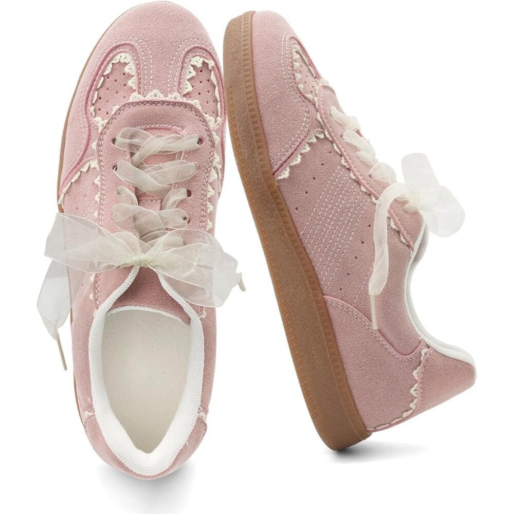 Women's Light Pink Casual Crochet Ribbon Ballet Trendy Spring Sneakers Shoes - Picture 1 of 9